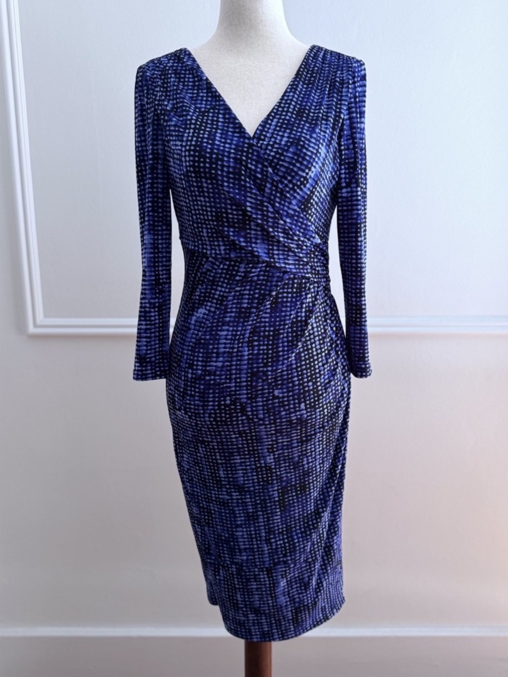 Lauren Ralph Lauren Blue Ruched Wrap Midi Dress 2 Geometric Print Stretch